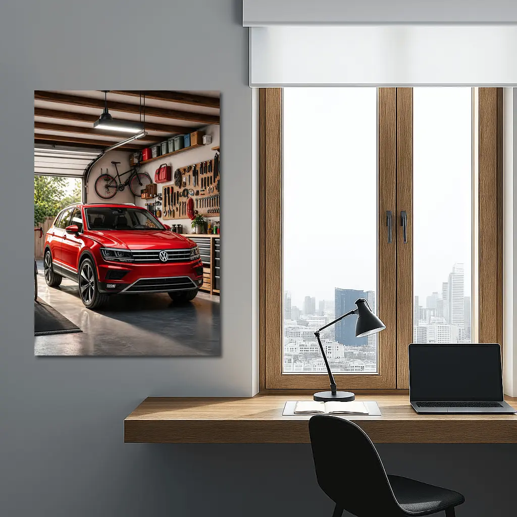 Volkswagen Tiguan Red SUV Garage Setting – Wall Art