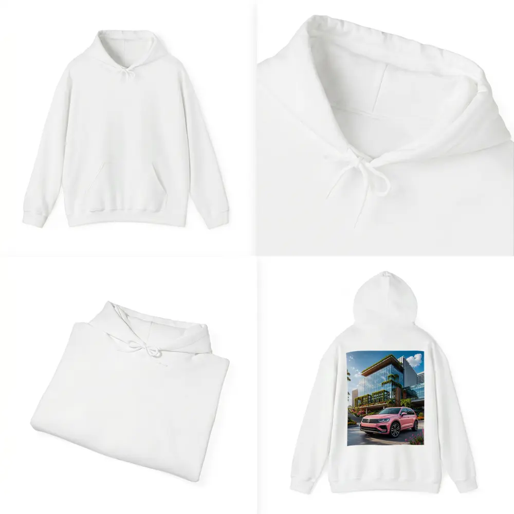 Pink Volkswagen Touareg SUV Modern Building – Hoodies