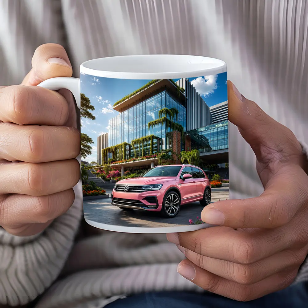 Pink Volkswagen Touareg SUV Modern Building – Mugs