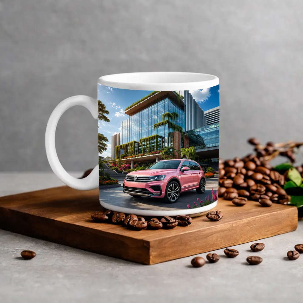 Pink Volkswagen Touareg SUV Modern Building – Mugs