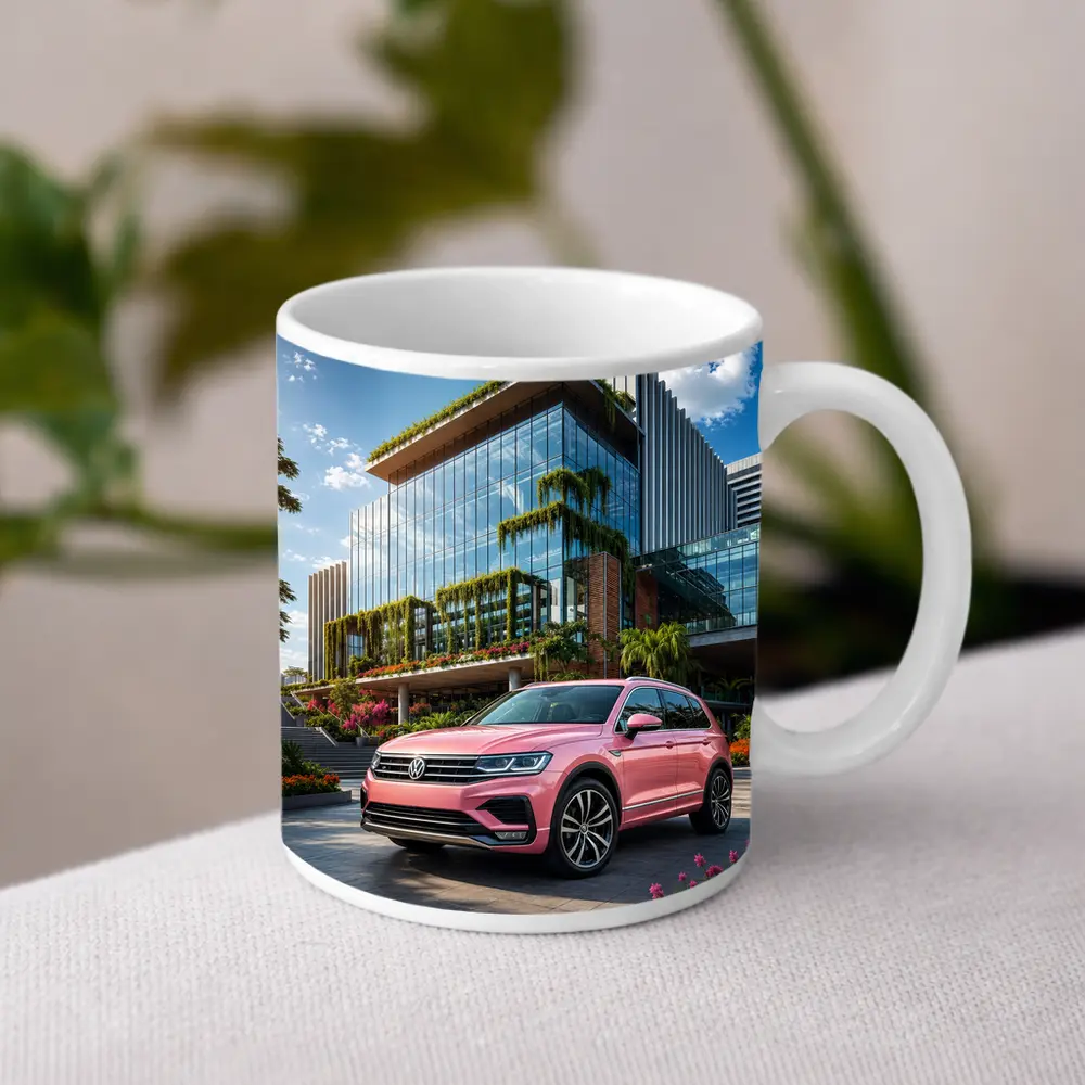 Pink Volkswagen Touareg SUV Modern Building – Mugs