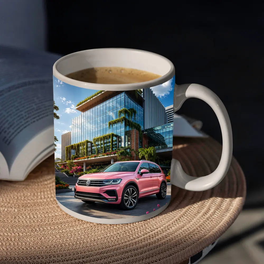 Pink Volkswagen Touareg SUV Modern Building – Mugs