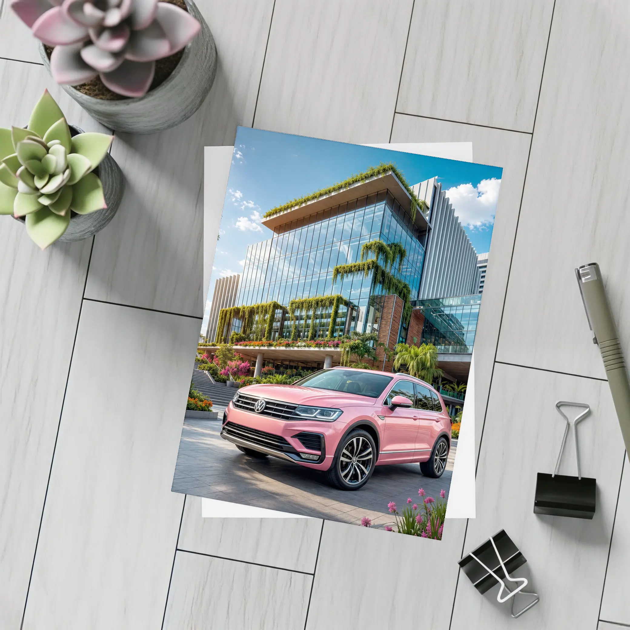 Pink Volkswagen Touareg SUV Modern Building – Postcards