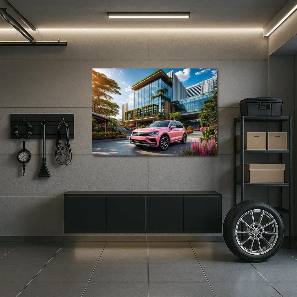 Pink Volkswagen Touareg SUV Modern Building – Wall Art