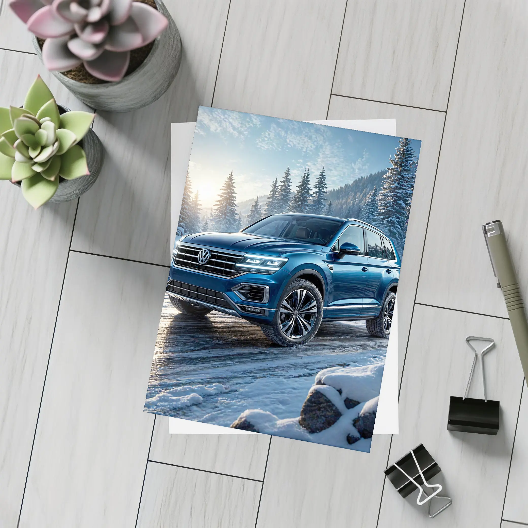 Volkswagen Touareg Blue SUV Snowy Forest – Postcards