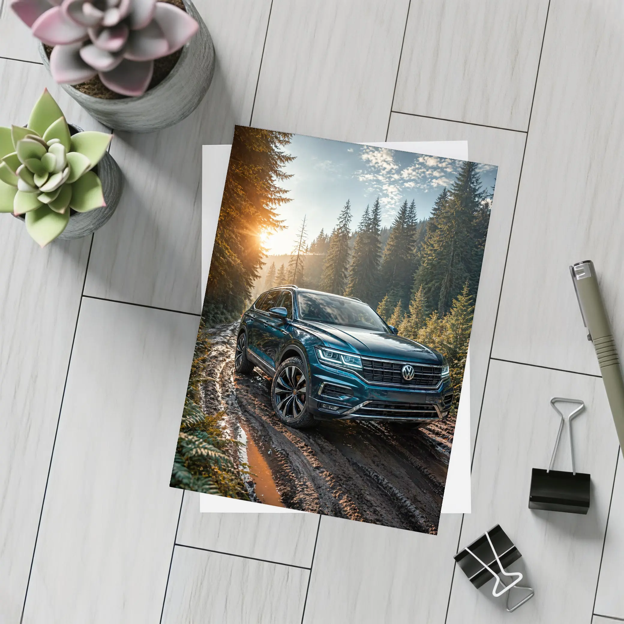 Volkswagen Touareg SUV Forest Trail Sunset – Postcards