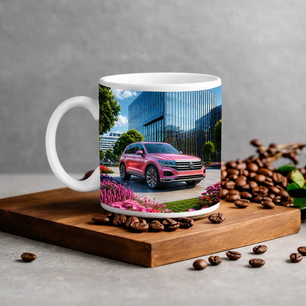 Volkswagen Touareg Pink SUV Modern Building – Mugs