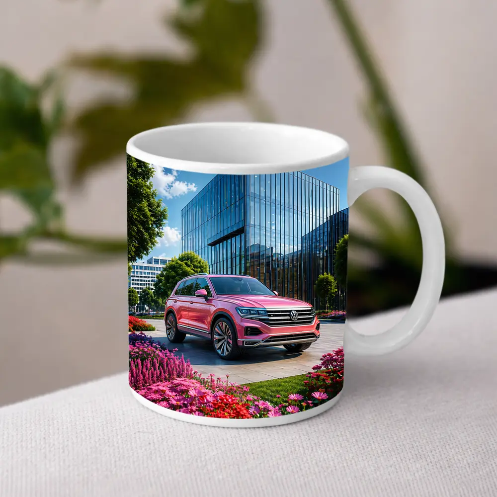 Volkswagen Touareg Pink SUV Modern Building – Mugs