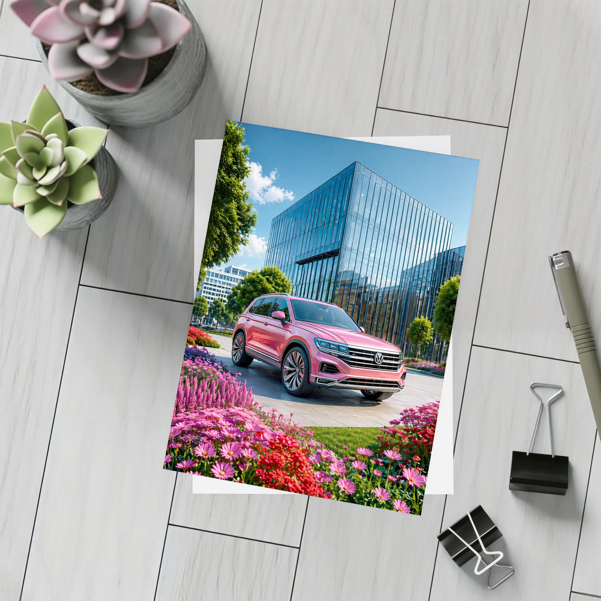 Volkswagen Touareg Pink SUV Modern Building – Postcards