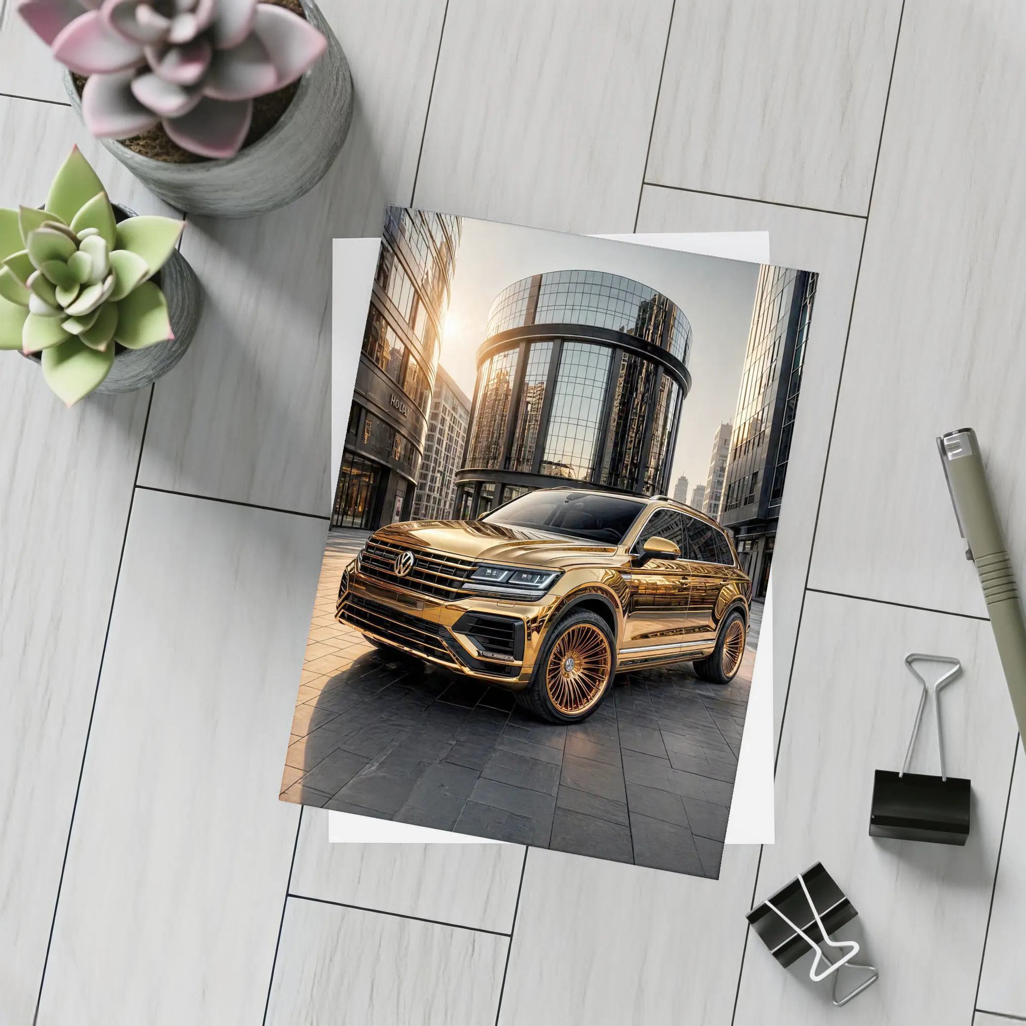 Volkswagen Touareg Gold Chrome City Buildings – Postcards