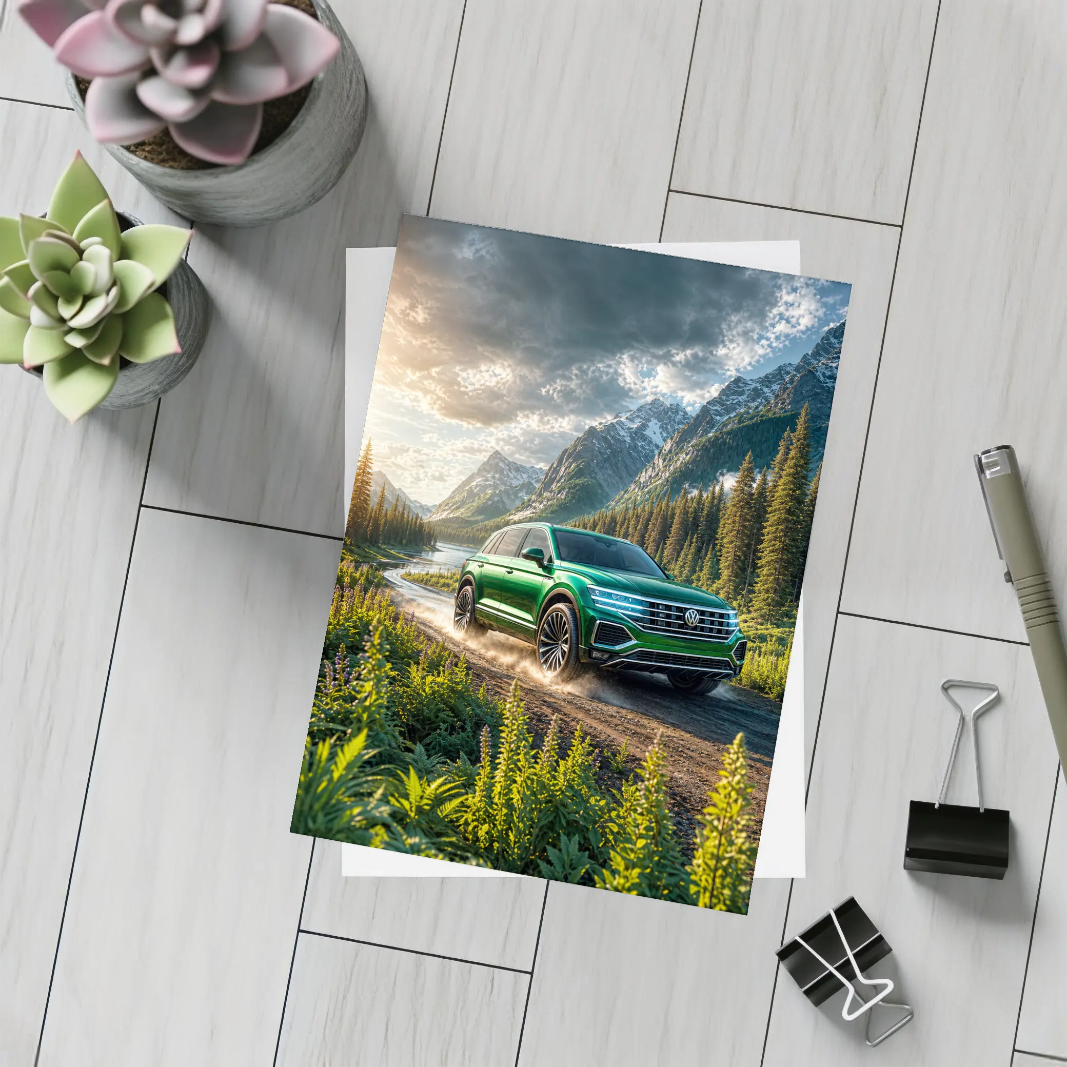 Volkswagen Touareg Green SUV Mountain Forest – Postcards