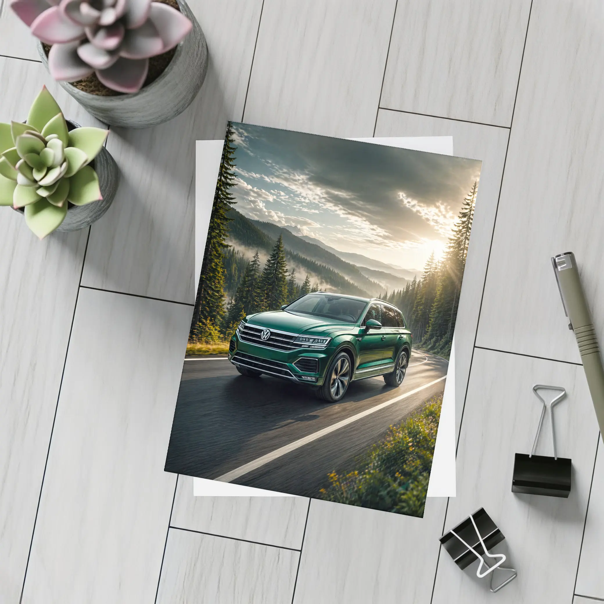 Volkswagen Touareg Green SUV Mountain Road – Postcards