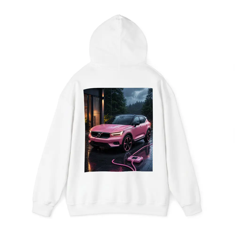 Pink Volvo XC40 Charging in Rainy Night – Hoodies