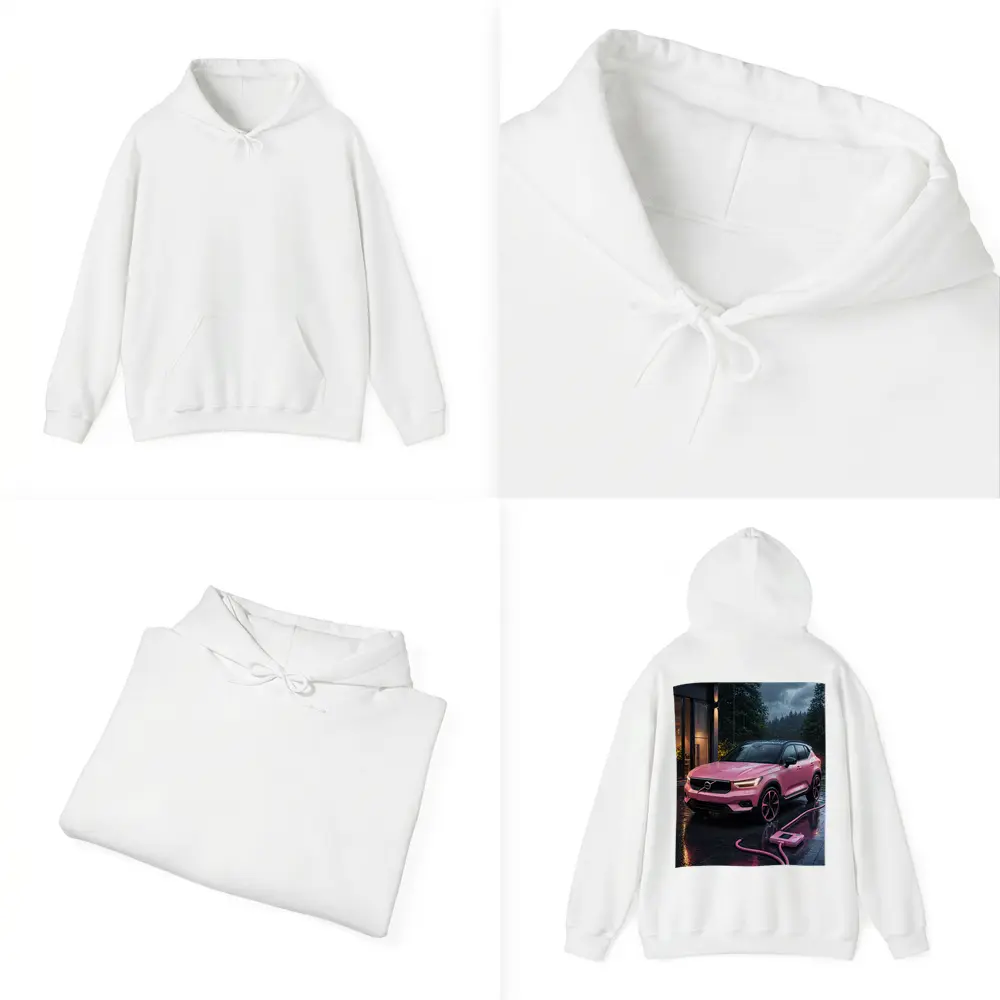 Pink Volvo XC40 Charging in Rainy Night – Hoodies