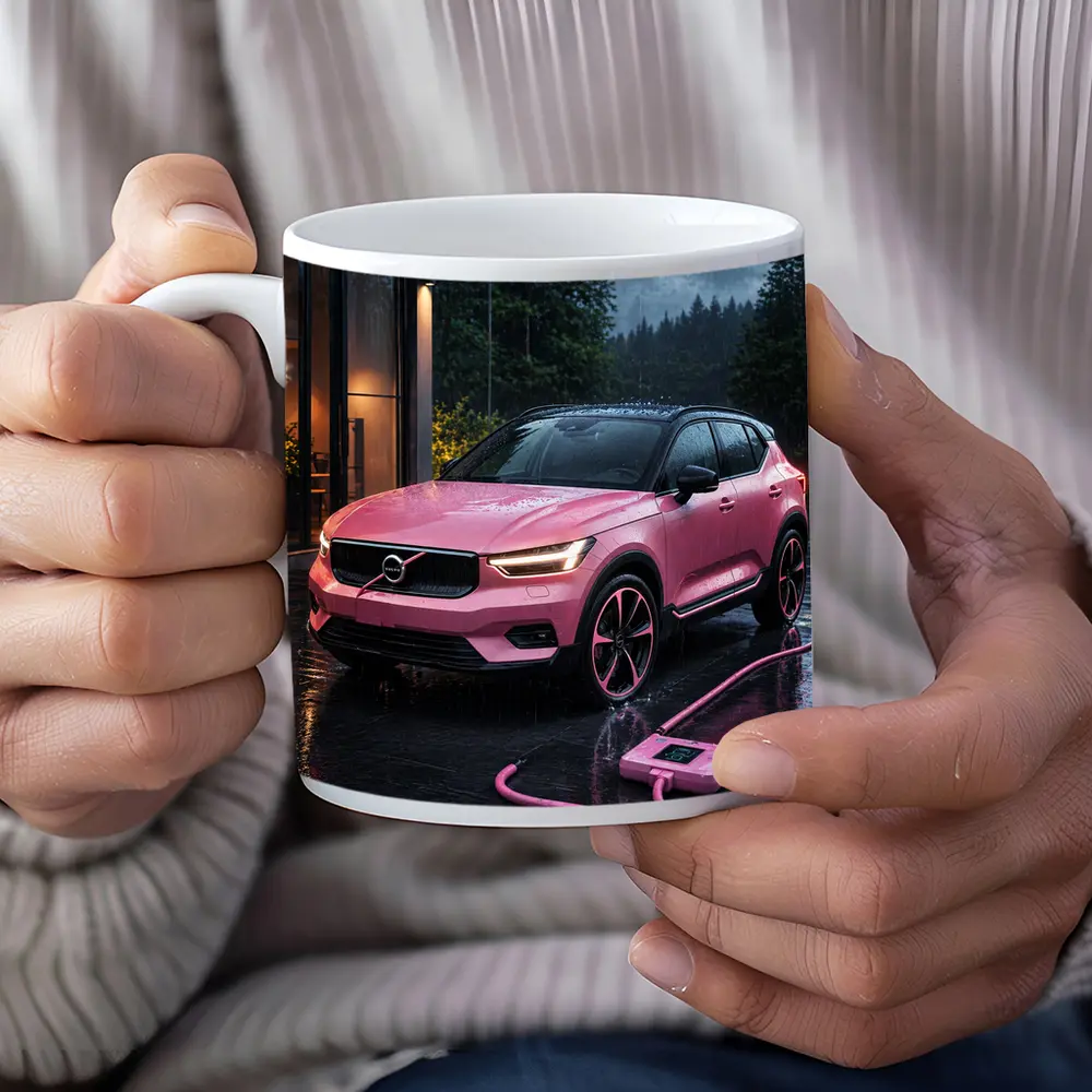 Pink Volvo XC40 Charging in Rainy Night – Mugs