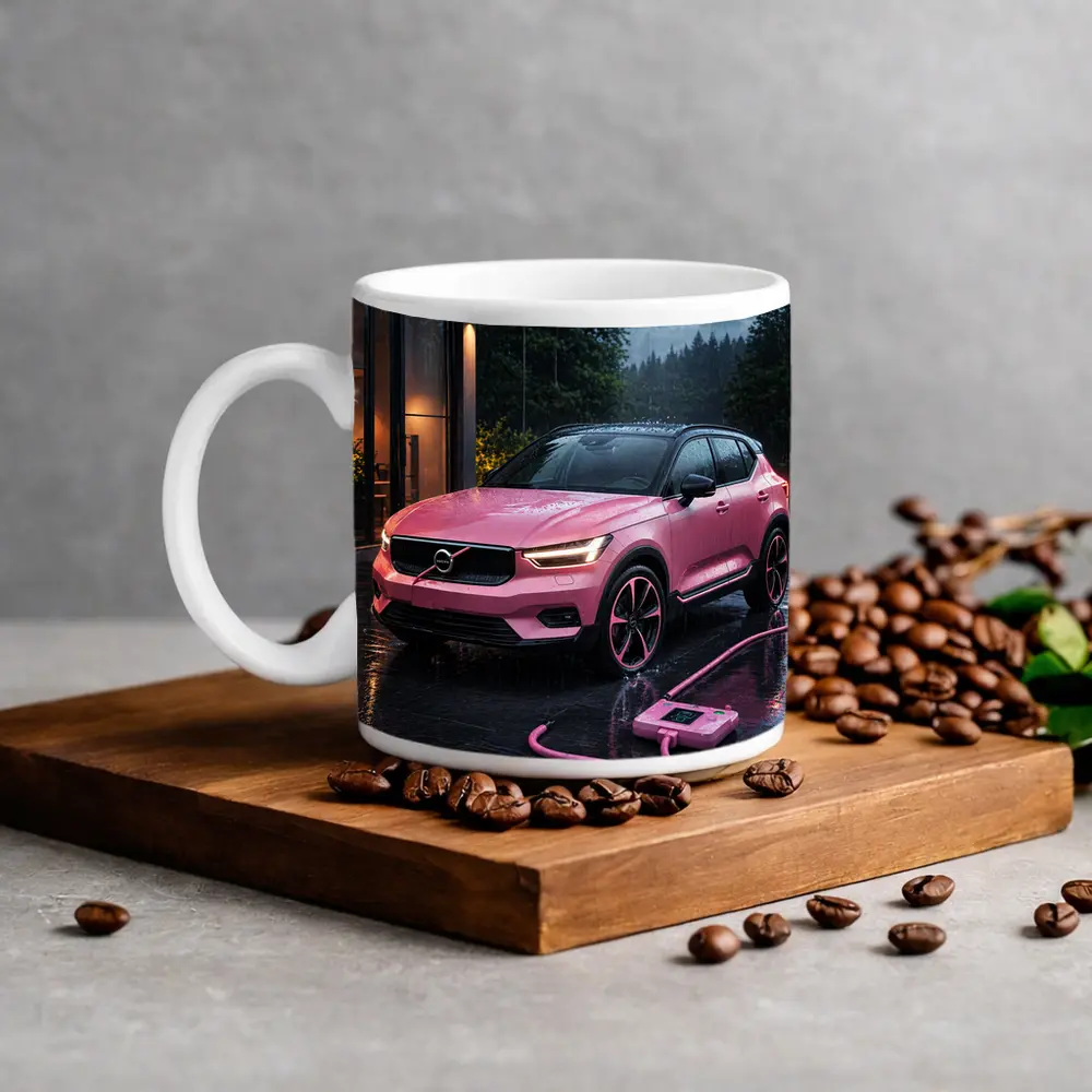 Pink Volvo XC40 Charging in Rainy Night – Mugs