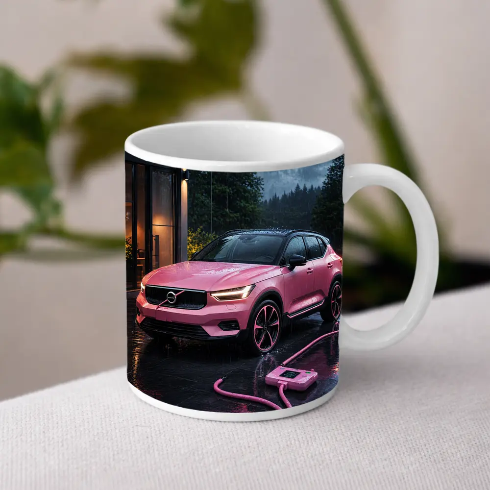Pink Volvo XC40 Charging in Rainy Night – Mugs