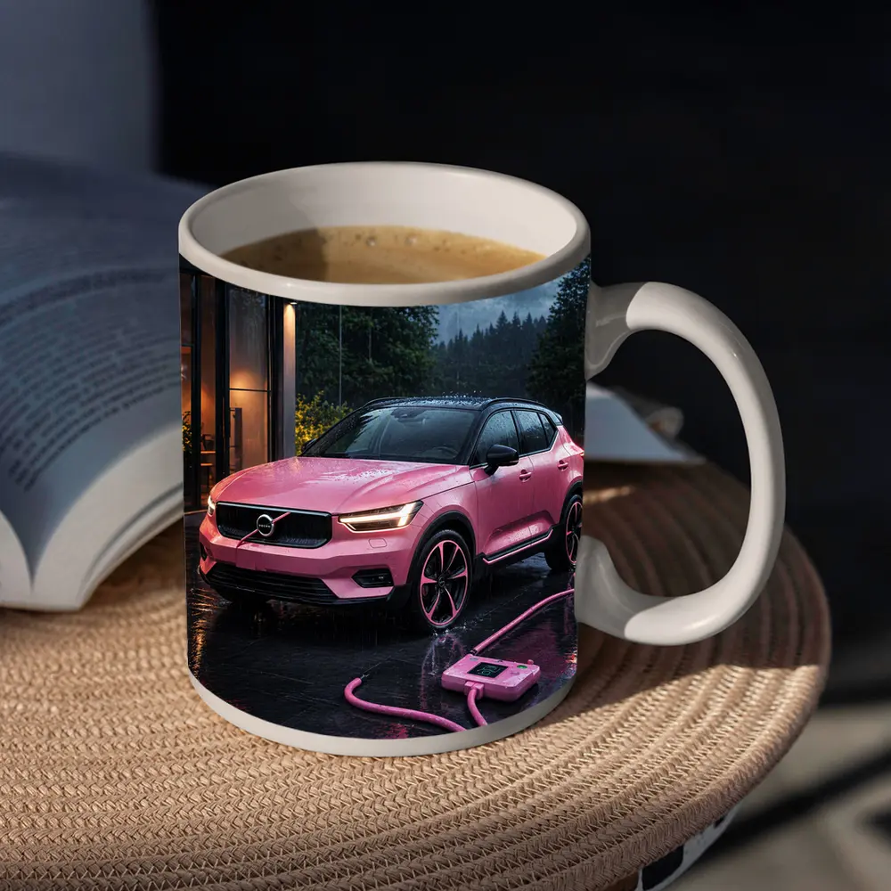 Pink Volvo XC40 Charging in Rainy Night – Mugs