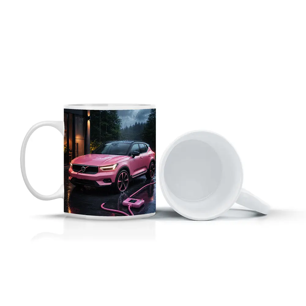 Pink Volvo XC40 Charging in Rainy Night – Mugs