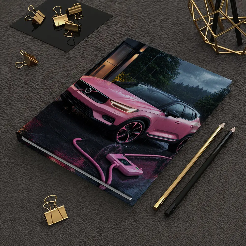 Pink Volvo XC40 Charging in Rainy Night – Notebooks