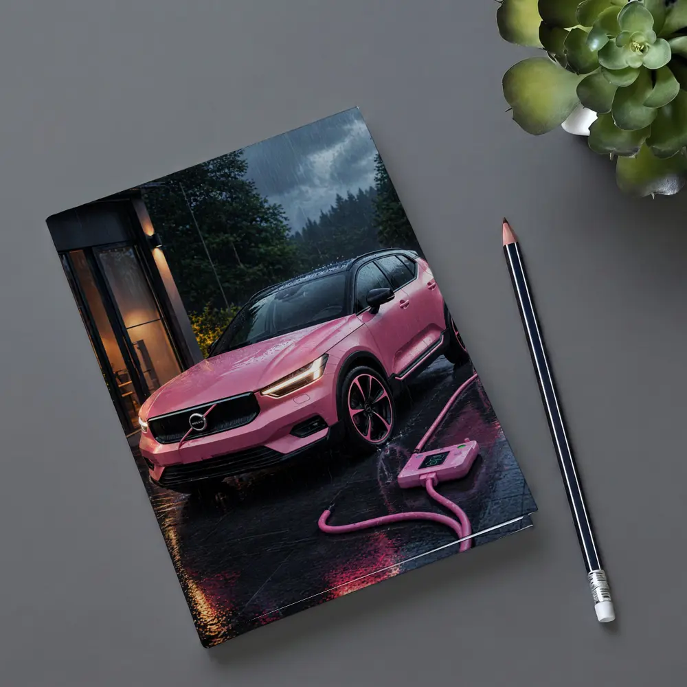 Pink Volvo XC40 Charging in Rainy Night – Notebooks