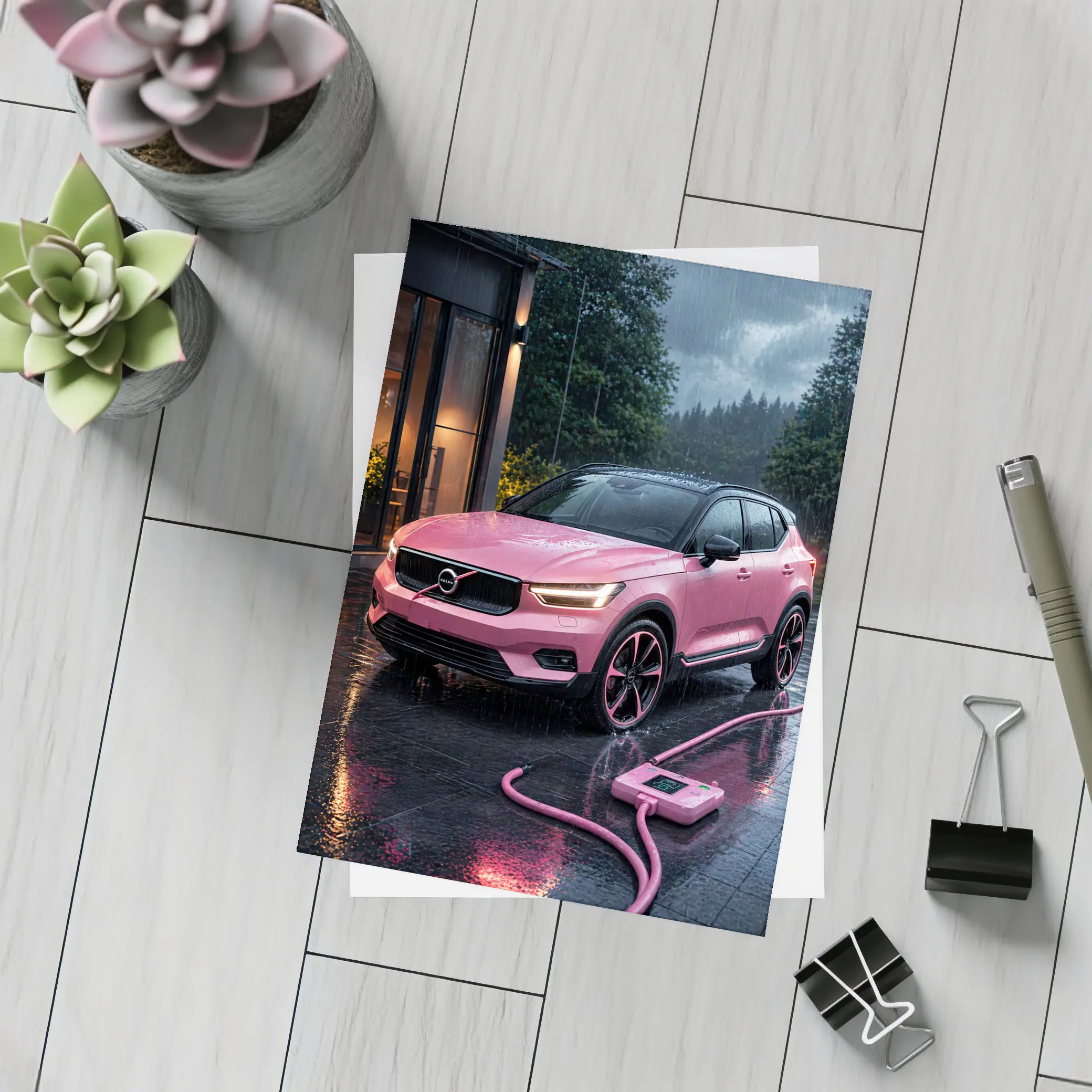 Pink Volvo XC40 Charging in Rainy Night – Postcards