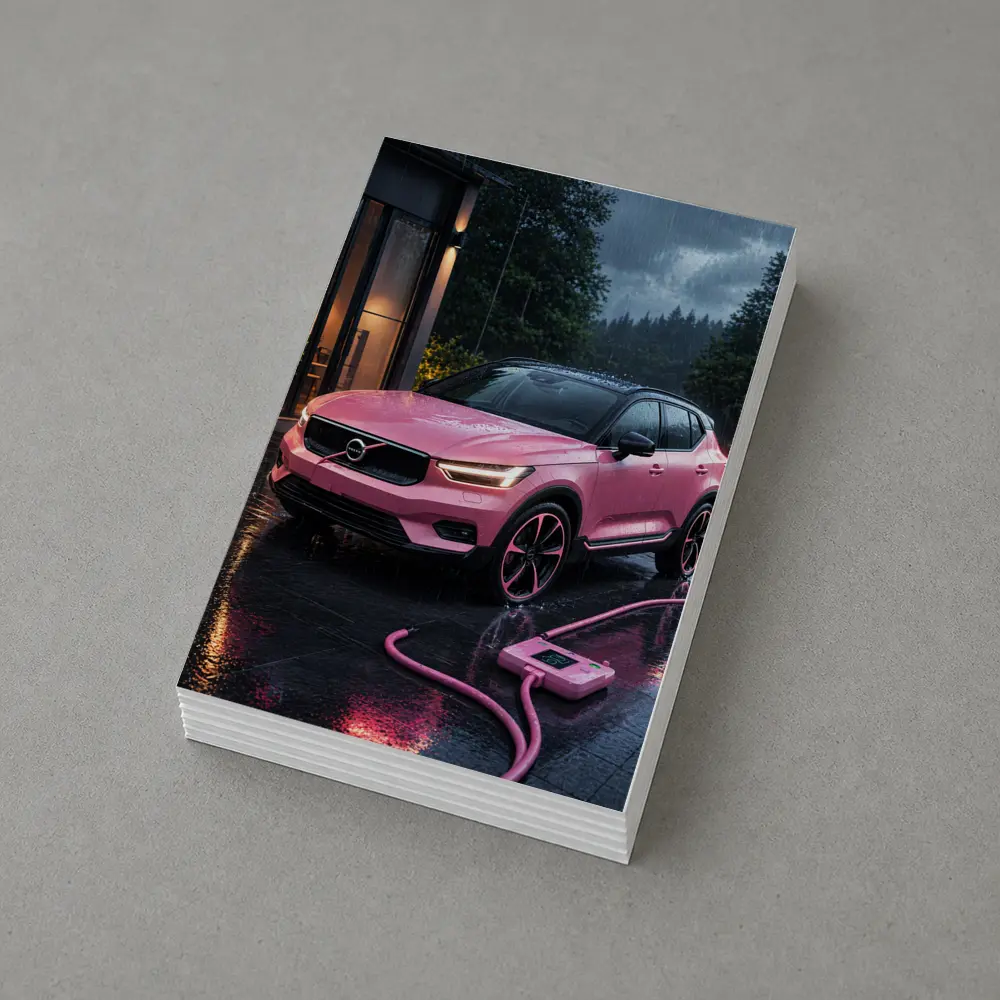 Pink Volvo XC40 Charging in Rainy Night – Postcards
