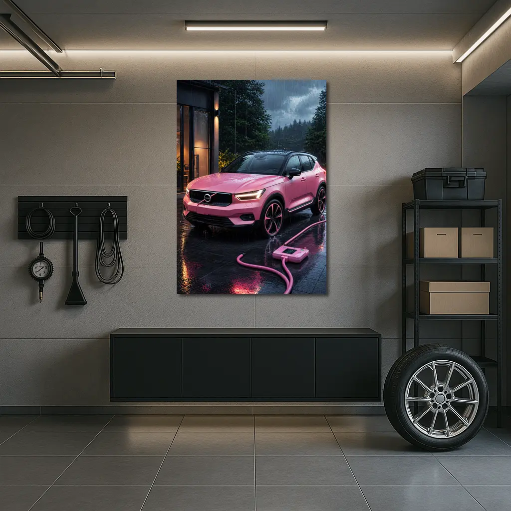 Pink Volvo XC40 Charging in Rainy Night – Wall Art