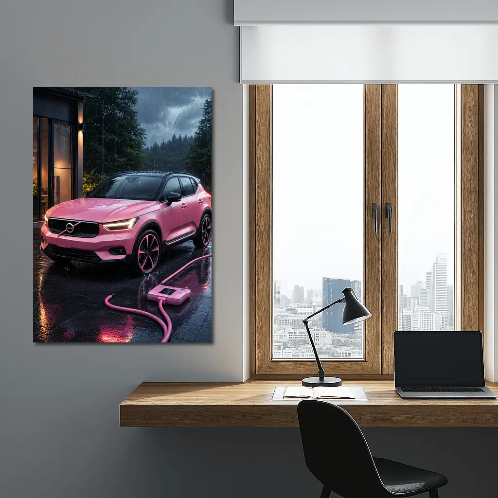 Pink Volvo XC40 Charging in Rainy Night – Wall Art