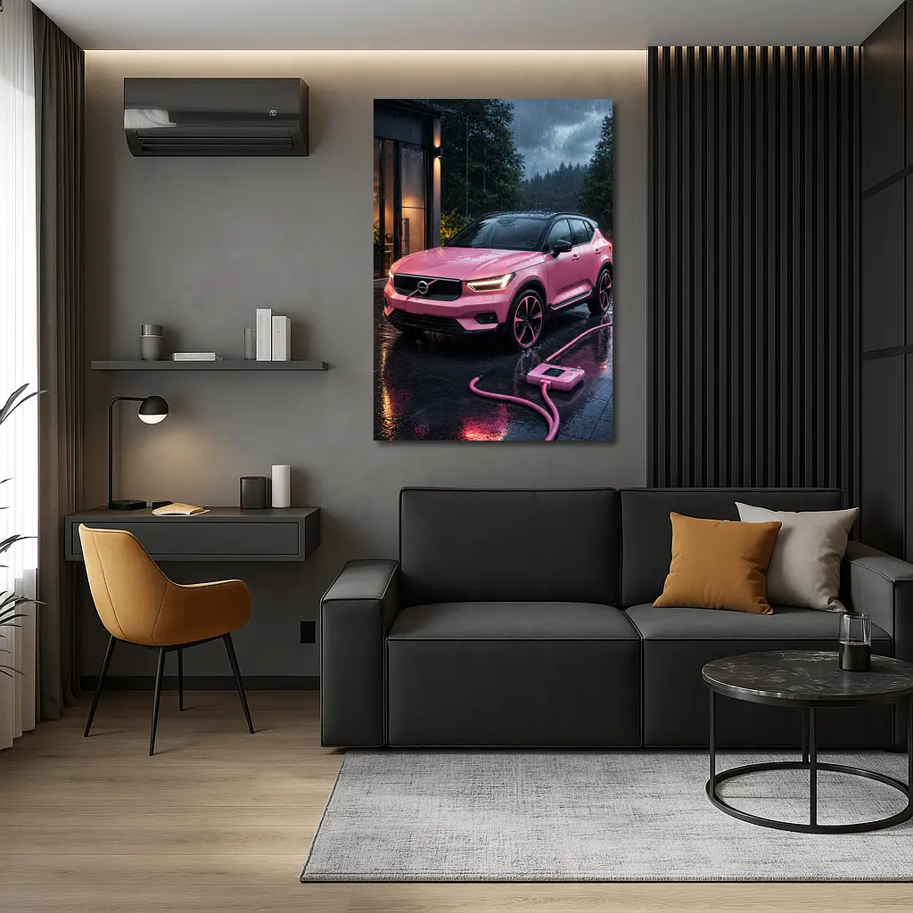 Pink Volvo XC40 Charging in Rainy Night – Wall Art