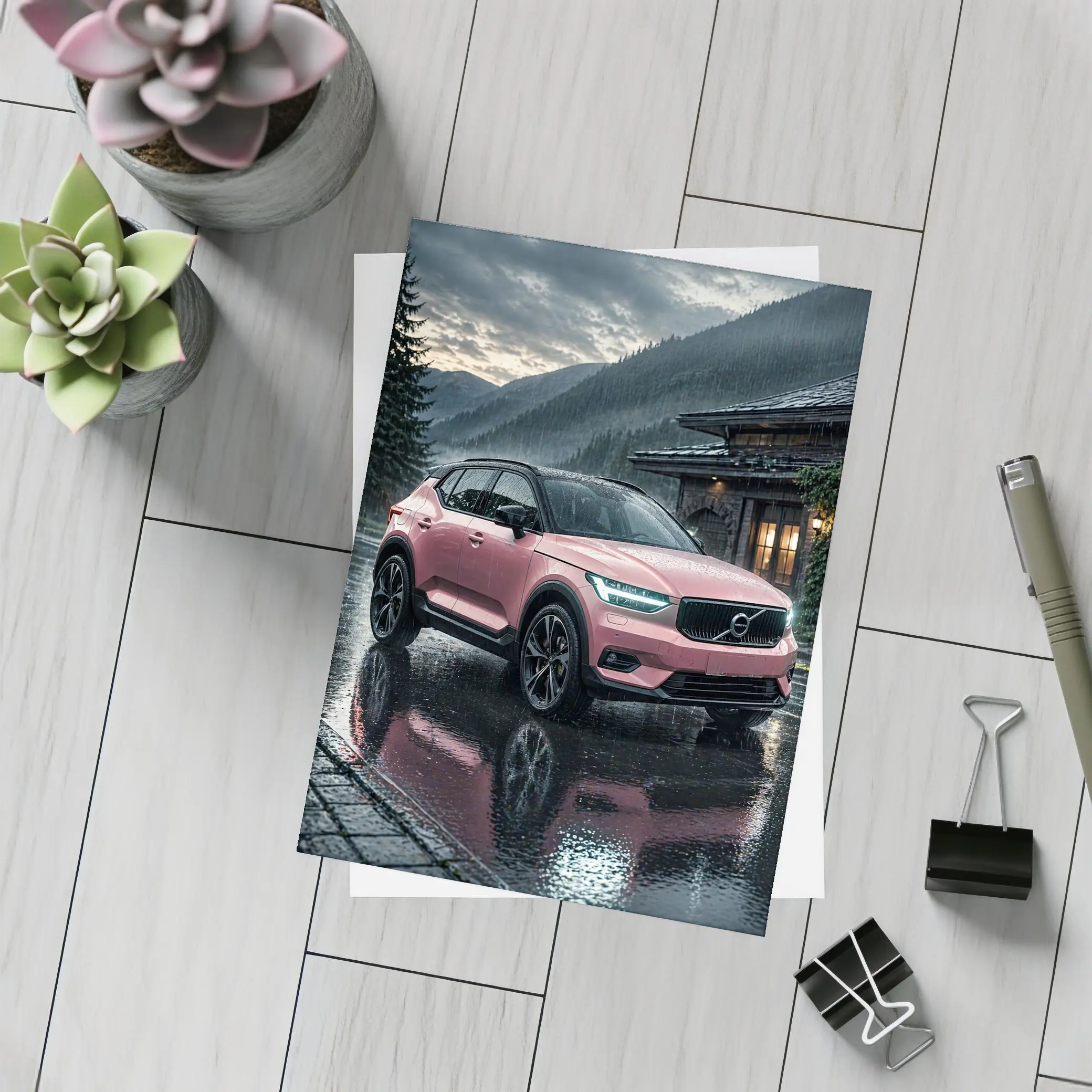 Pink Volvo XC40 Rainy Mountain Night – Postcards