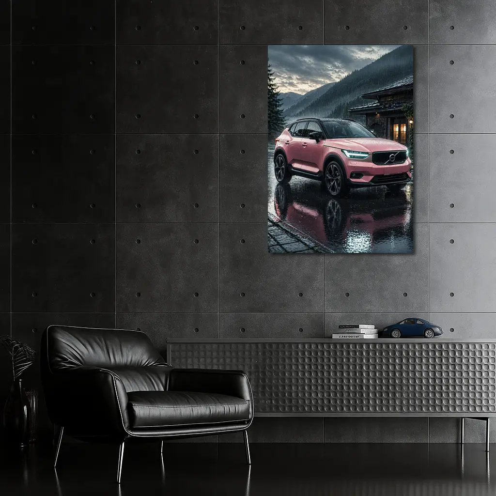 Pink Volvo XC40 Rainy Mountain Night – Wall Art