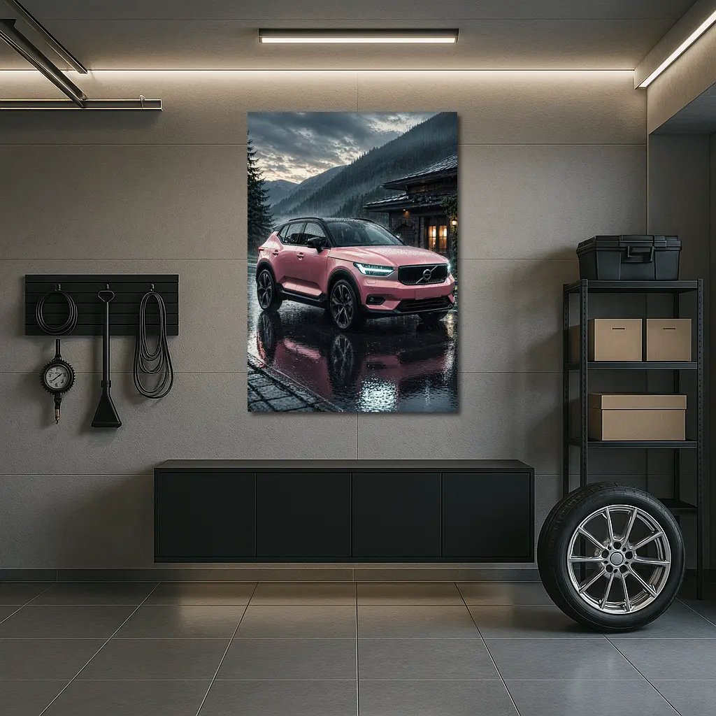 Pink Volvo XC40 Rainy Mountain Night – Wall Art