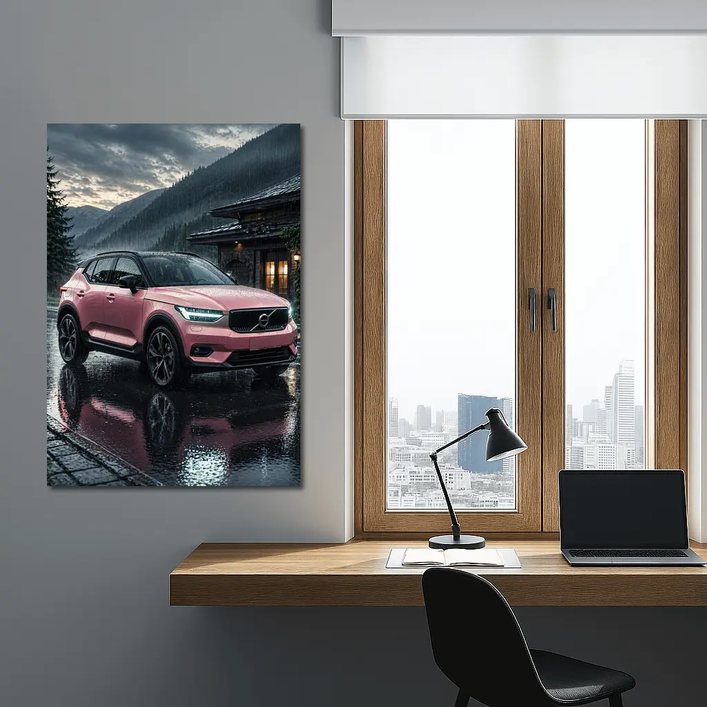 Pink Volvo XC40 Rainy Mountain Night – Wall Art