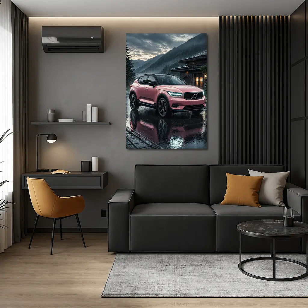 Pink Volvo XC40 Rainy Mountain Night – Wall Art