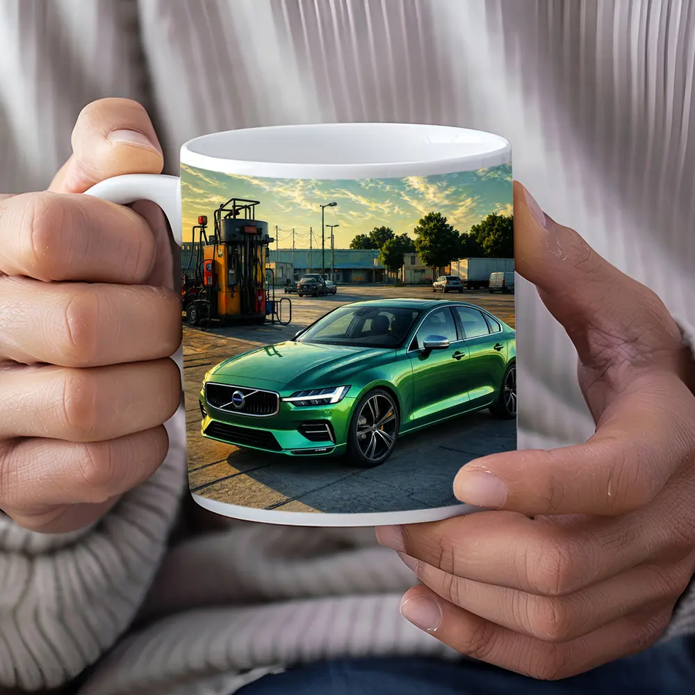 Volvo S60 Green Sedan at Gas Station – Mugs