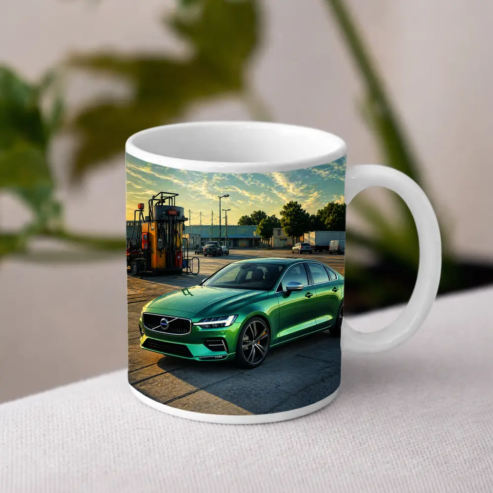 Volvo S60 Green Sedan at Gas Station – Mugs