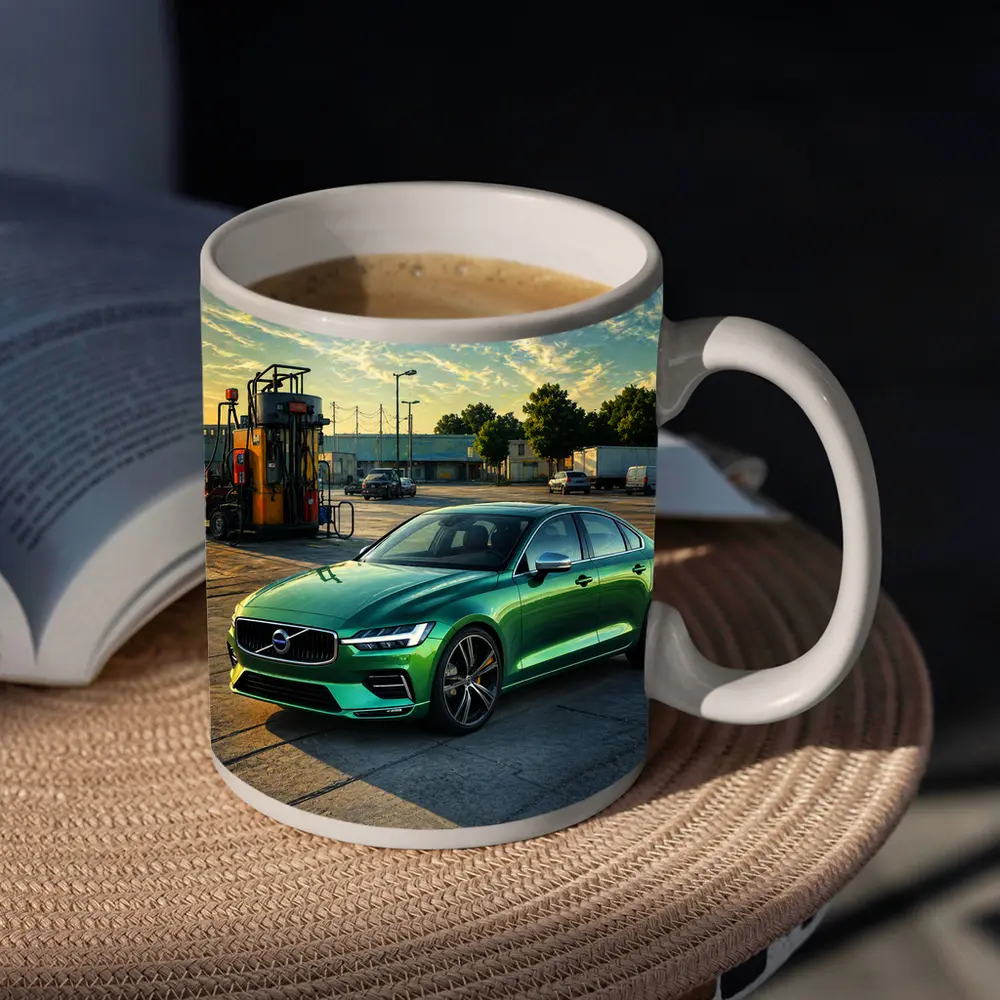 Volvo S60 Green Sedan at Gas Station – Mugs