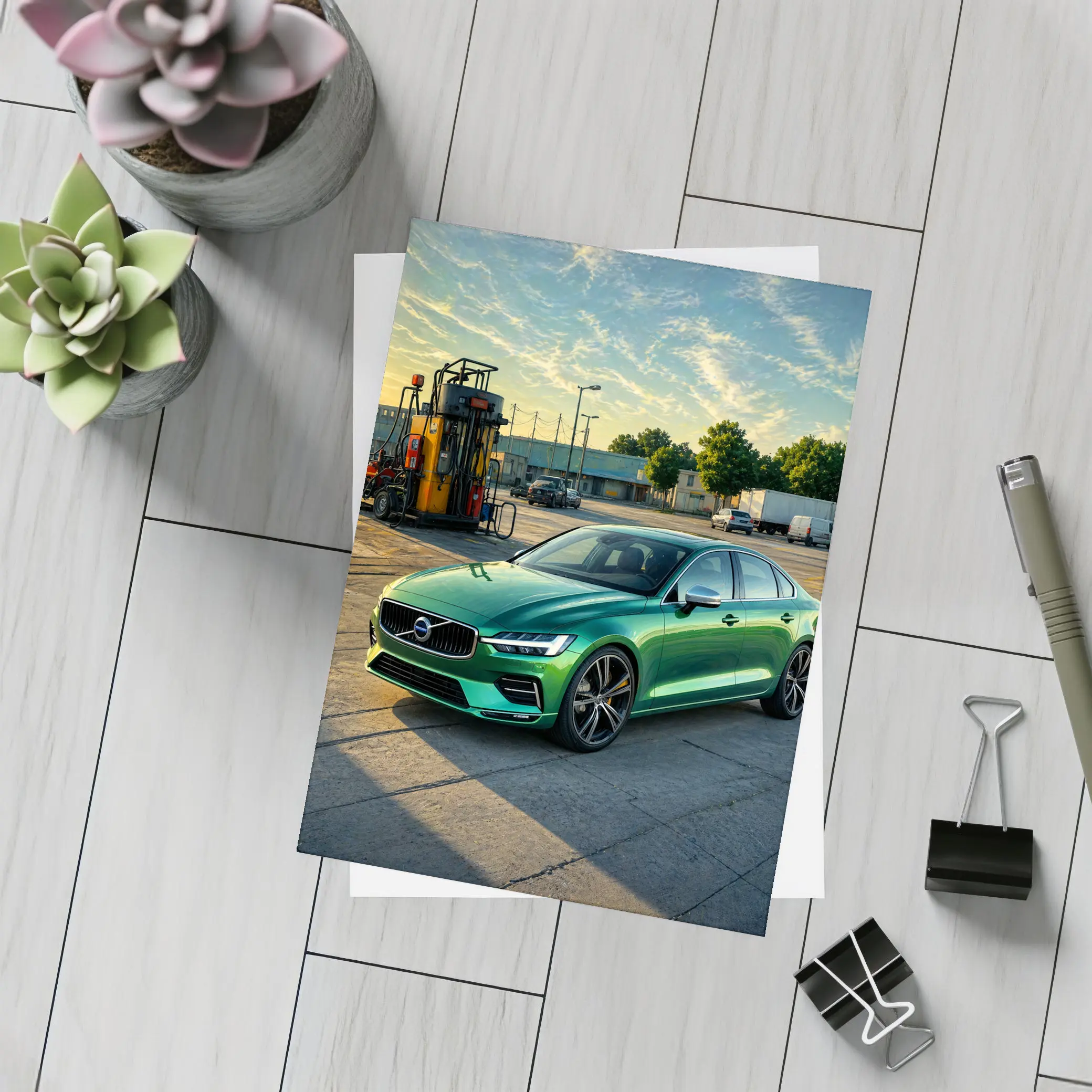 Volvo S60 Green Sedan at Gas Station – Postcards