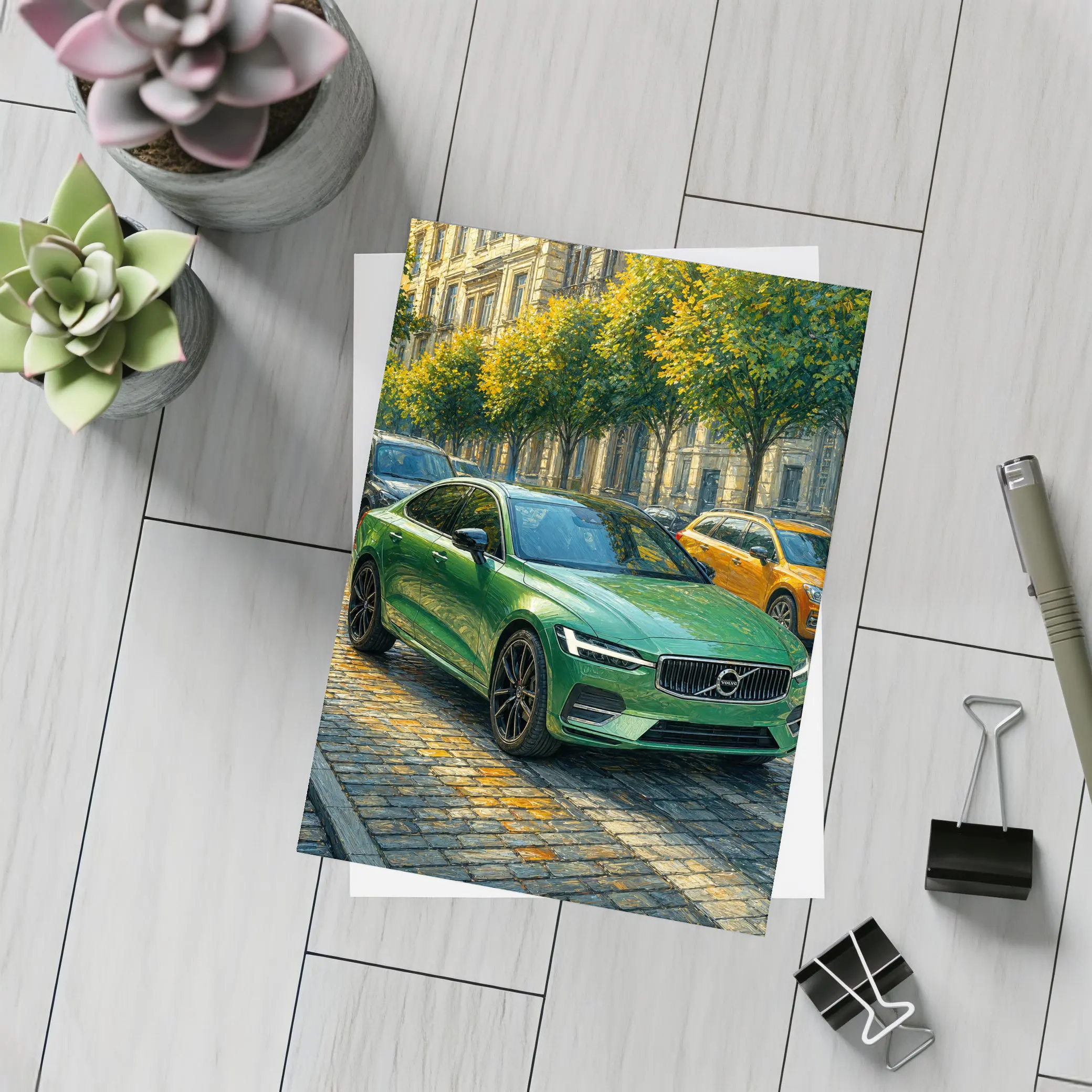 Volvo S60 Green Sedan Cobblestone Street – Postcards