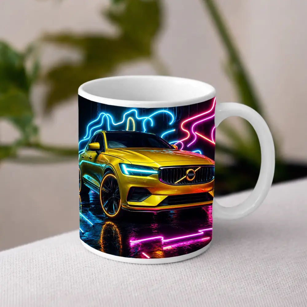 Volvo S60 Yellow Neon Light Background – Mugs