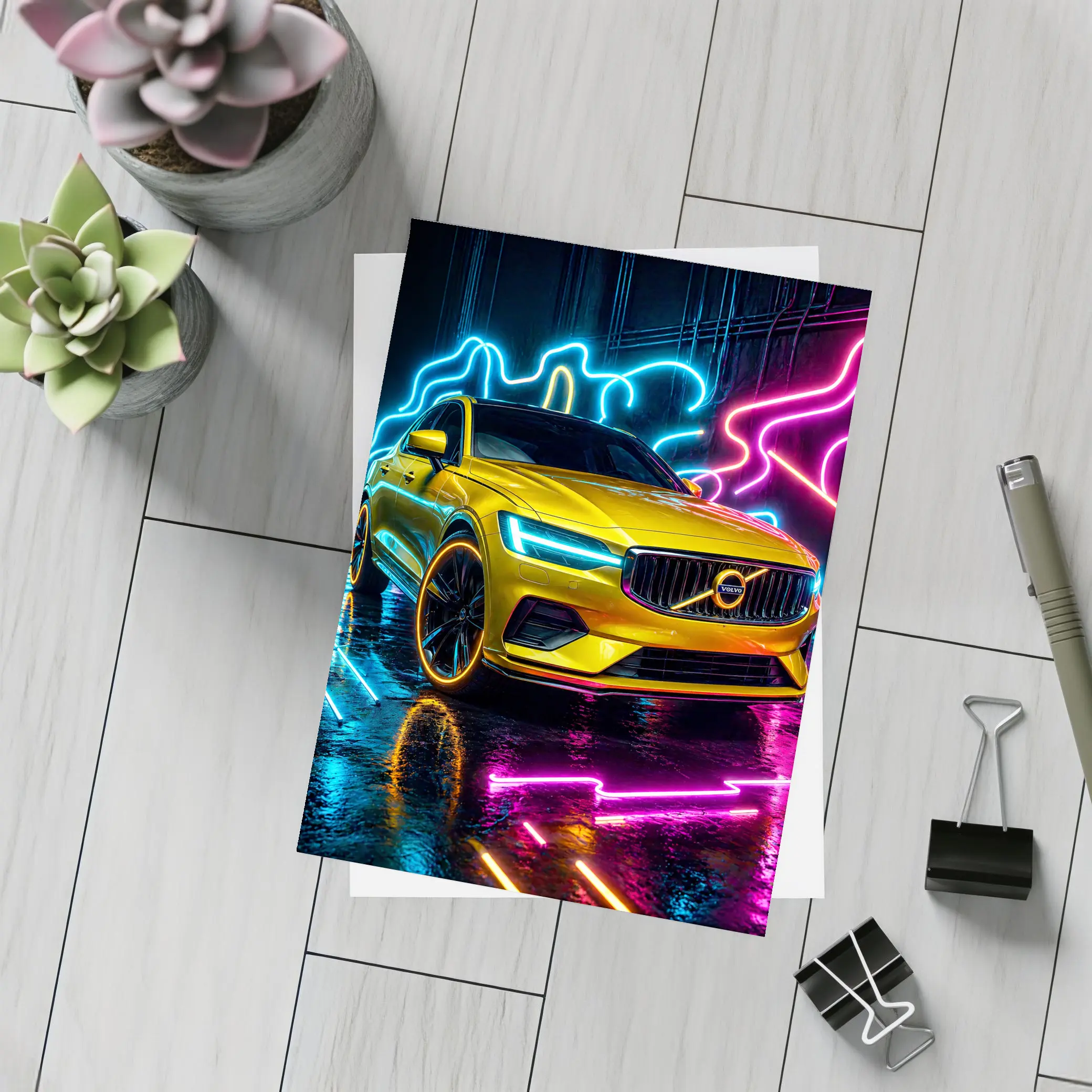 Volvo S60 Yellow Neon Light Background – Postcards