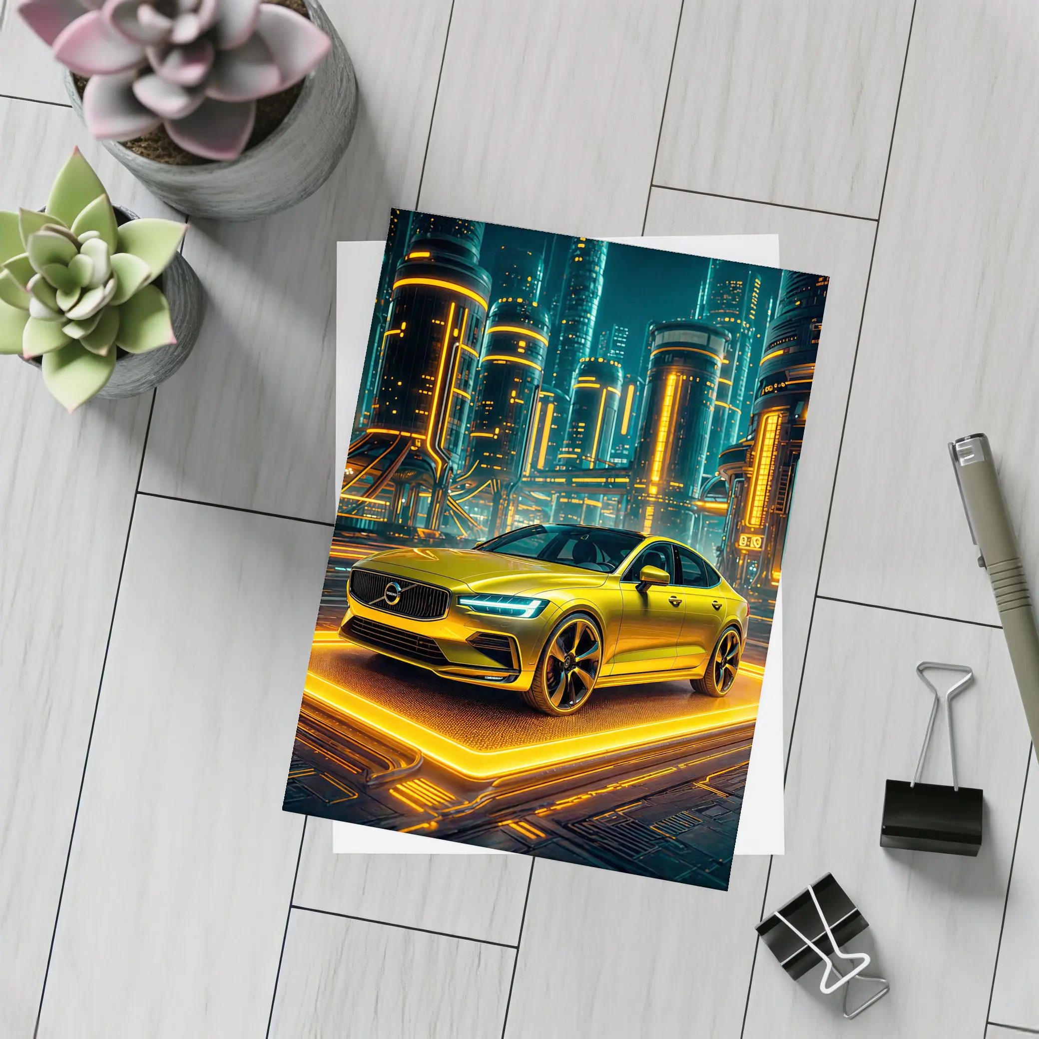 Volvo S60 Glowing Neon Futuristic City Night – Postcards