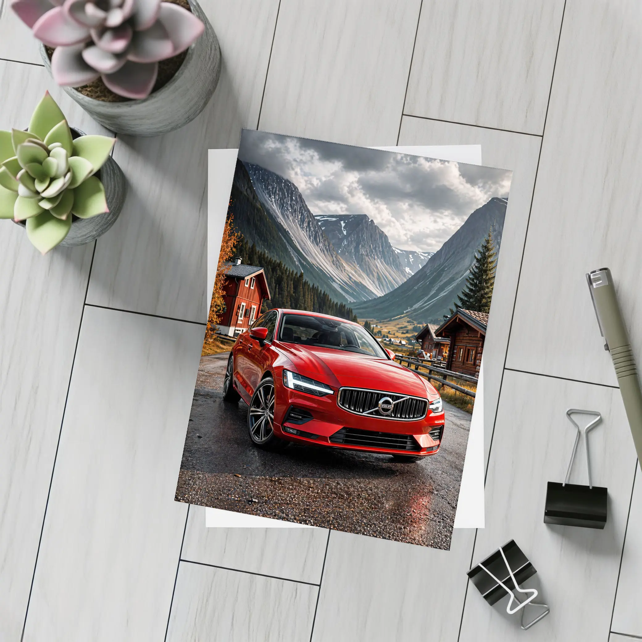 Volvo S60 Red Sedan Mountain Valley Setting – Postcards