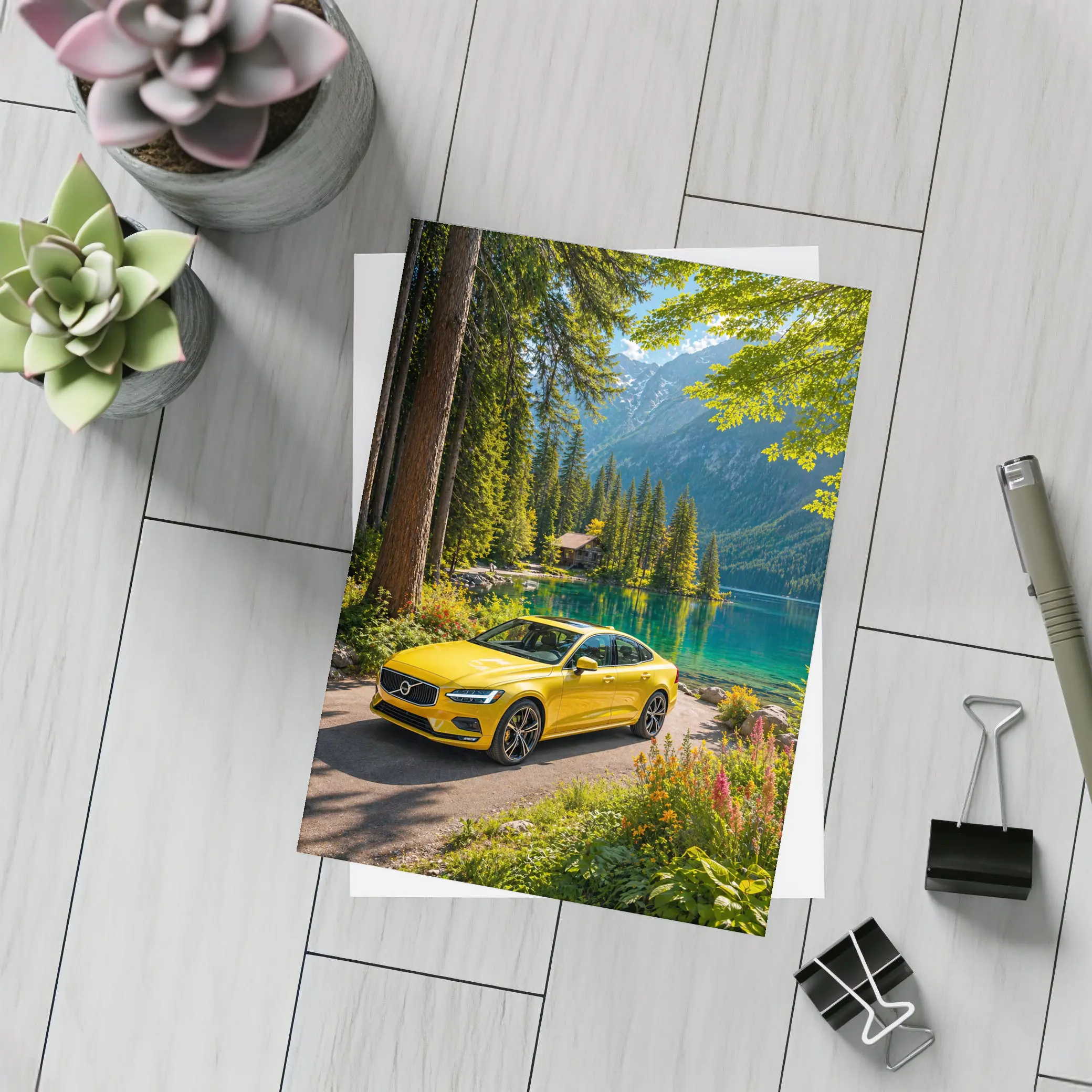 Volvo S60 Yellow Sedan Mountain Lake – Postcards