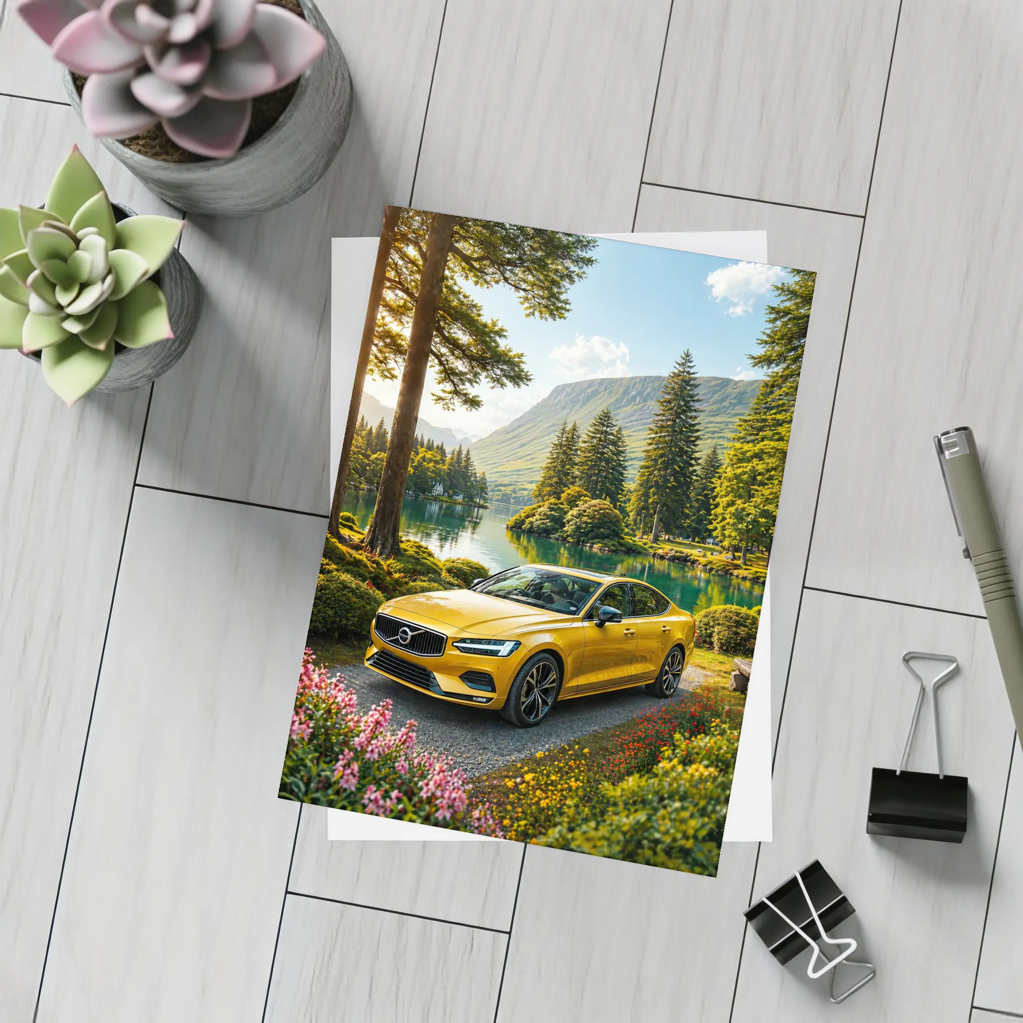 Volvo S60 Yellow Sedan by Mountain Lake – Postcards