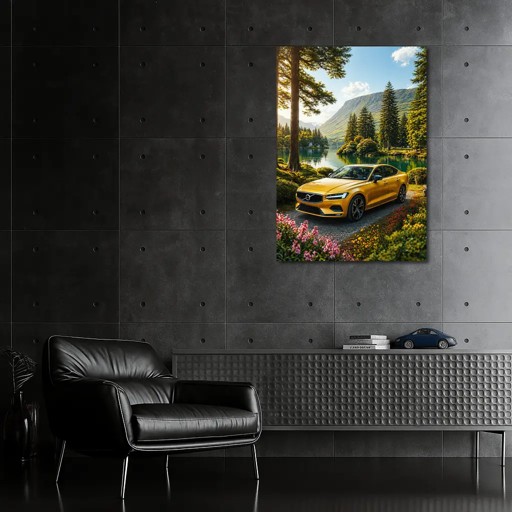 Volvo S60 Yellow Sedan by Mountain Lake – Wall Art