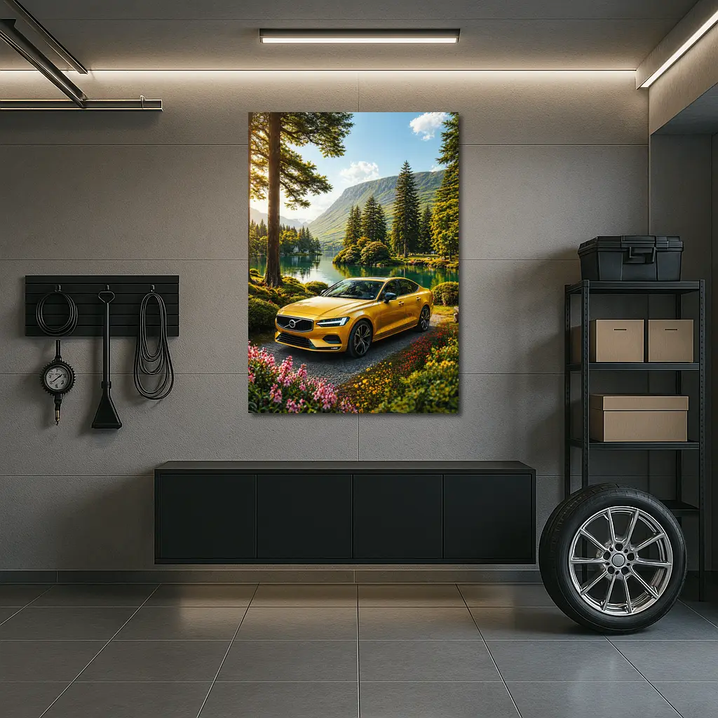 Volvo S60 Yellow Sedan by Mountain Lake – Wall Art