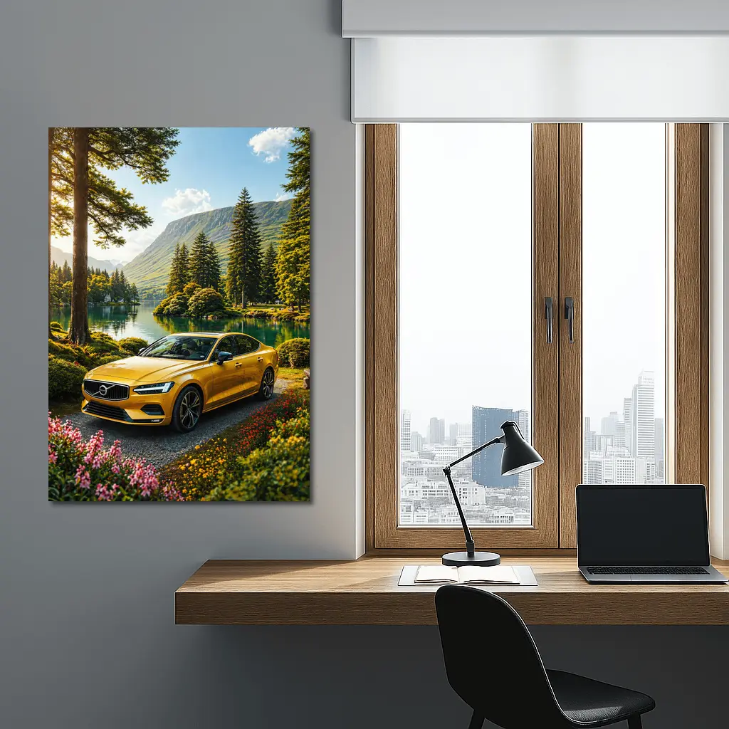 Volvo S60 Yellow Sedan by Mountain Lake – Wall Art