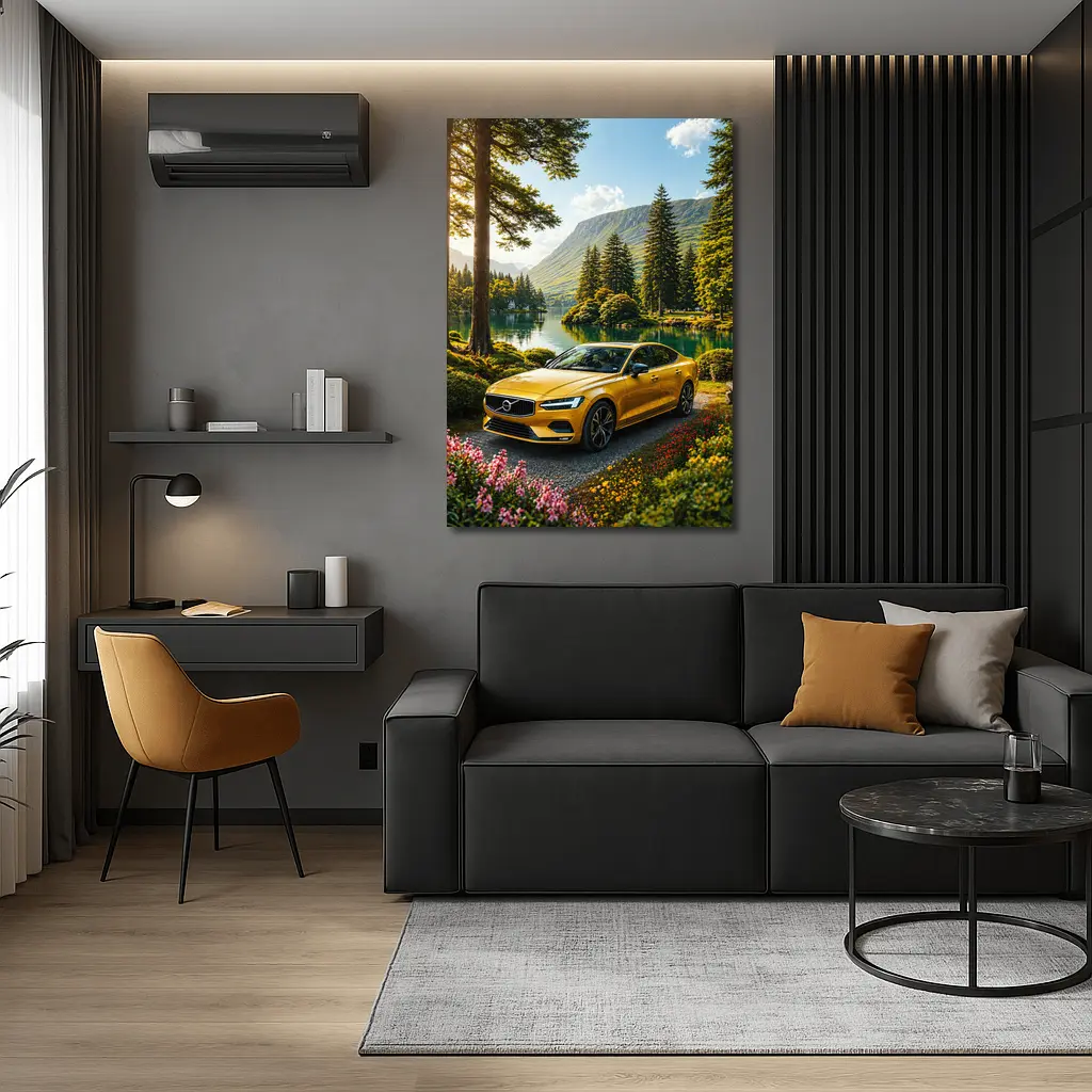 Volvo S60 Yellow Sedan by Mountain Lake – Wall Art